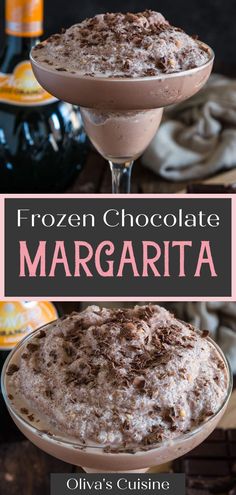 frozen chocolate margarita in a martini glass with the text frozen chocolate margarita on top and below