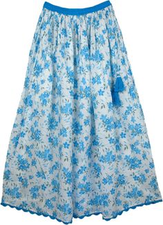 Long Skirt with Tasseled Drawstring and Scalloped Hem - Bright, happy colors make for a bright, happy woman. This blue floral pattern on a white background is sure to bring a smile to the face of anyone who sees you. The flowers are in Shakespeare blue to Allports blue. The skirt truly has a lot of cloth - its volume, a delicately scalloped crochet hem and of course splendid colors give it a character. To add to the feminine charm there is a tasseled drawstring made from thread and beads. It is Long Summer Skirt, Patterned Skirts, Cutest Clothes, White Cotton Skirt, Hydrangea Blue, Long Skirt Casual, Tall Girl Fashion, Maxi Skirts Summer, Feminine Casual