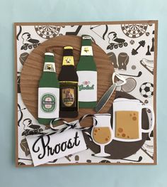 a card with beer and cheese on it