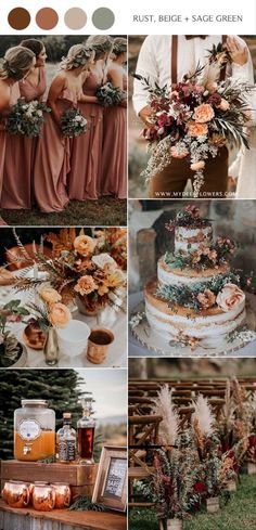 a collage of photos showing different types of wedding cakes and flowers, with text that reads rust, rich & sage green