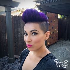 Purple Mohawk, Purple Mohawk Women, Purple Pixie Cut, Very Short Bangs, Wild Hair Color, Curly Pixie Haircuts, Bold Hair Color, Vivid Hair Color