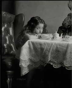 White Photo, A Table, A Woman, Tea Cups, Tea, Black And White, White, Black