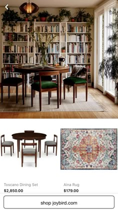 a dining room table and chairs with bookshelves in the background for $ 1, 500