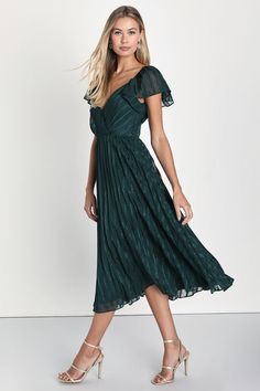 Emerald Lurex Dress - Flutter Sleeve Dress - A-Line Midi Dress - Lulus Lurex Dress, Tulle Midi Dress, Tiered Midi Skirt, Ankle Length Skirt, Baltic Born, Velvet Maxi Dress, Tie Skirt, Lulu Fashion, Adhesive Bra