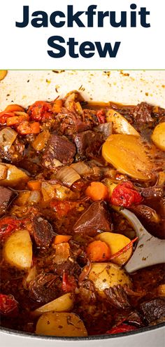 the recipe for jackfruit stew is shown in a skillet