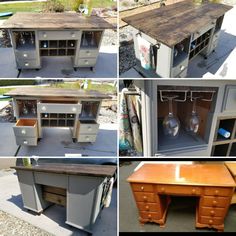 several different pictures of an old desk with drawers and cupboards on top, in various stages of being repurposed