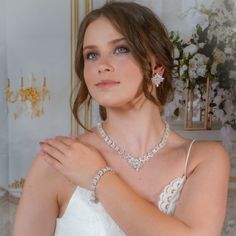 "Statement crystal bridal jewelry set: necklace, bracelet and earrings.  Gorgeous bridal or MOB jewelry set for your wedding day!   This wedding jewelry set is available in silver, gold or pink gold(rose gold) color to match your dress.   Necklace measures about 18\" long.  Earrings are about 1\" long and 1\" wide. Matching regular bracelet is measuring: 7\" long and 1/4\" wide or an adjustable bolo matching bracelet is available as well. High quality guaranteed by GlamourBrideUSA! SHIPPING: Sta Mob Jewelry, Necklace Set Diamond, Diamond Necklace Silver, Necklace Set Silver, Jewelry For Bride, Silver Bridal Jewellery, Crystal Bridal Jewelry Sets, Dress Necklace, Wedding Jewelry For Bride