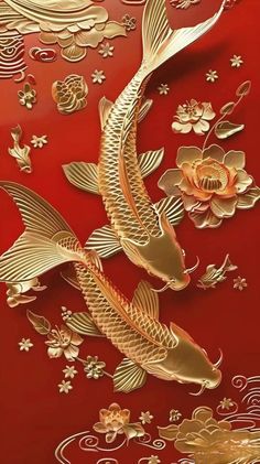 gold fish and flowers on a red background