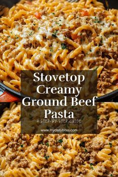 a close up of a plate of ground beef pasta with text overlay that reads stovetop creamy ground beef pasta