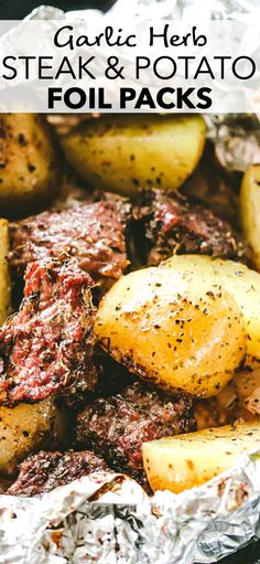 steak and potato foil packets with text overlay