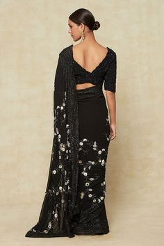 Black saree with beads, cutdana and sequin embroidered floral motifs. Comes with tonal embroidered blouse. - Aza Fashions Embroidered Beads, Floral Saree, Anamika Khanna, Embroidered Saree, Black Saree, Beaded Neckline, Blouse For Women, Saree With Blouse, Floral Motifs