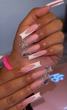 Acrylic Medium Nails, Long French Tip Nails With Design, Pretty French Tip Nails, Rhinestone French Tip Nails, Long Square French Tip, Rhinestone French Tip, Acrylic Nails Long, Fye Nails, Birthday Nail