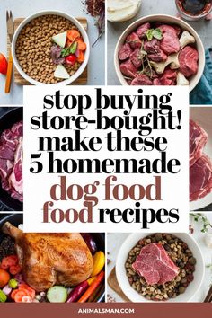 the words stop buying store bought make these homemade dog food recipes on top of pictures