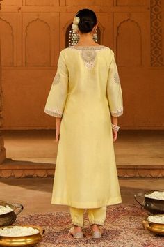 Lemon yellow kurta with placement kashmiri tilla and parsi gara embroidery. Paired with a salwar with embroidered hem. - Aza Fashions Festive Yellow Kurta For Reception, Yellow Kurta With Resham Embroidery For Reception, Yellow Kurta For Diwali Reception, Yellow Resham Embroidery Tissue Silk Kurta, Yellow Straight Kurta Salwar Kameez With Embroidered Border, Yellow Embroidered Kurta For Reception, Yellow Kurta For Eid Reception, Yellow Slub Silk Kurta With Resham Embroidery, Fitted Yellow Kurta With Resham Embroidery