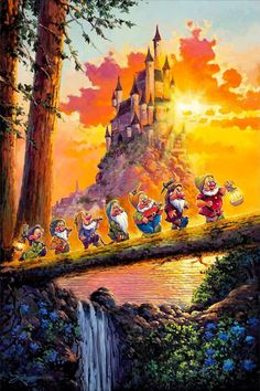 an image of cartoon characters in front of a castle with waterfalls and trees on the ground