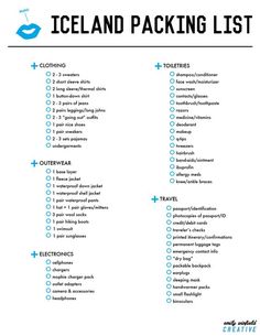 the iceland packing list is shown in blue and white