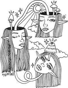 two women's faces with long hair, one is wearing a hat and the other has