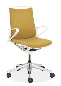 an office chair with wheels on the back and seat upholstered in yellow fabric