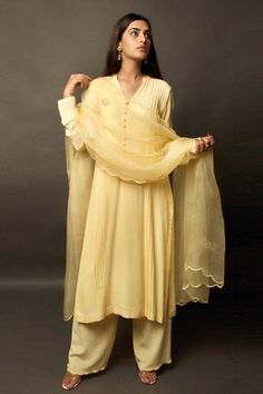 Shop for Jasmine Bains Yellow Cupro Georgette Straight Kurta Set for Women Online at Aza Fashions Yellow Kurta, Embroidered Suit, Summer Yellow, Butter Yellow, Straight Kurta, Silk Taffeta, Embroidered Neckline, Kurta With Pants, Silk Organza