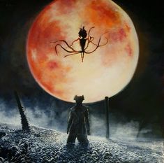 a painting of a man standing in front of a full moon with an animal on his back