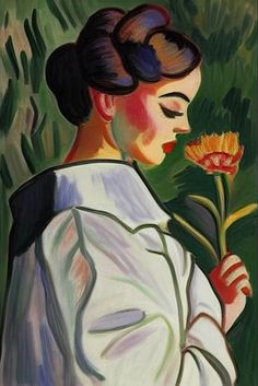 a painting of a woman holding a flower