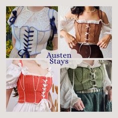 four different styles of women's blouses with the words, austen stays