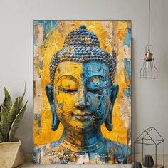 a painting on a wall with a buddha statue in the middle and a potted plant next to it