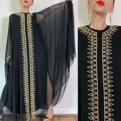 Oh Georgie. Absolutely phenomenal Vintage 1960's black silk chiffon Georgie Keyloun caftan dress adorned in metallic gold rope & prong set rhinestones, with the most magical wingspan. Seasonless for the eternal witch.   Marked a vintage L  Fits a range (I'm about a M), but please use measurements as fit guide - measurements taken from underlayer 16" shoulder 22.5" bust (on the half)  22.5" waist (on the half)  23" hip (on the half)  55" length  57"-59" exterior length estimate  Underlayer - blac Caftan Dress, Silk Chiffon, Vintage 1960s, Black Silk, Dress Clothes For Women, Metallic Gold, Prong Setting, Gold Metal, 1960s