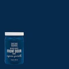 a jar of blue paint sitting on top of a dark blue background with the words front door