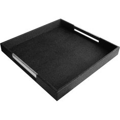 a black tray with silver handles is shown on a white background for use as a serving tray