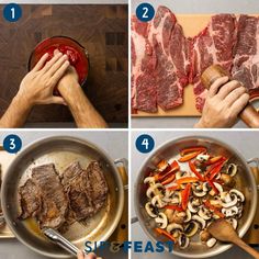 four pictures showing how to cook steak and mushrooms