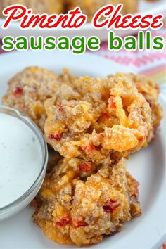 pineapple cheese sausage balls on a white plate with ranch dressing in the background and text overlay that reads pineapple cheese sausage balls