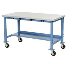 a blue and white workbench with wheels