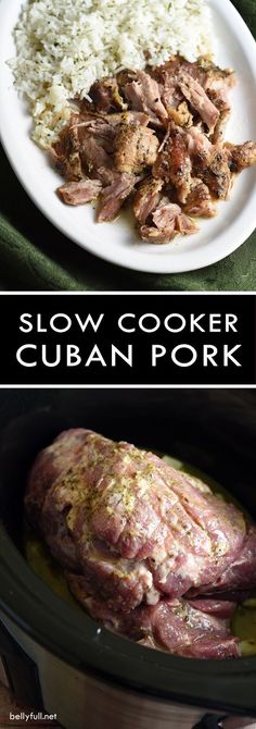 slow cooker cuban pork with rice and salsa in the crock pot for dinner