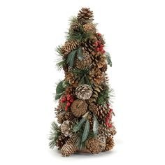 a christmas tree made out of pine cones and evergreen leaves with berries on the top