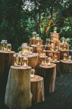 candles are sitting on wooden stumps in the woods