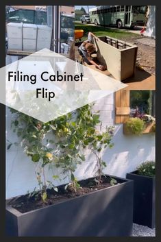 a collage of photos showing different types of planters and the words, filing cabinet flip