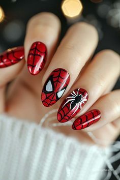 Summer Manicure Designs, Comic Nail Art, Superhero Nails, Avengers Nails, Marvel Nails, Red Summer Nails, Cartoon Nail Designs, Coquette Nails, Cartoon Nails