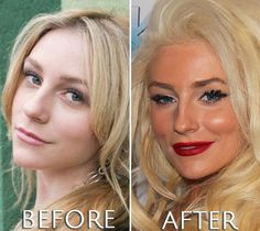 before and after photos of a woman's face with blonde hair, wearing red lipstick