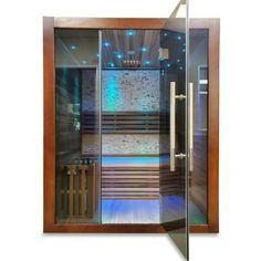 an indoor steam sauna is shown with glass doors