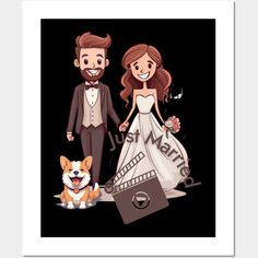 a couple in wedding attire standing next to a corgi