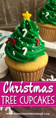 christmas tree cupcakes with green frosting and sprinkles on top