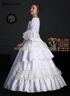 White Renaissance Victorian Era Dress Lace Ruffles Ball Gown     Condition: Brand New   Color:  White   Material: Brocade， Lace   Sleeve Length: Short Sleeve   Dresses Length:Floor-Length   Neckline:  Square Collar   Decoration: Ruffles + Lace + Flower   Package Includes: Dress            Whether you're looking for a Vintage Revolutionary,Regency,Early Victorian,Pioneer Women,Old West,Civil War Era,Polonaise Sets,Victorian Era,Edwardian, Bustle Dresses Clothing or Hi White Floor-length Dress For Costume Party, Elegant Gown With Attached Cancan For Debutante Ball, White Ruffled Gown For Costume Party, White Floor-length Victorian Dress With Ruffles, Full Length Victorian Dress For Wedding, White Ball Gown For Costume Party, Empire Waist Wedding Dress With Ruffles, Empire Waist Ruffle Wedding Dress, White Ball Gown For Prom Season