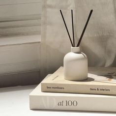 a white vase sitting on top of two books with sticks sticking out of it's sides