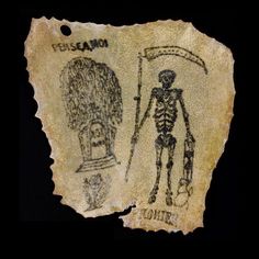 an old paper with a drawing of a skeleton and a man holding a flag on it