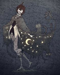 a drawing of a person with a cat on their back and stars in the sky