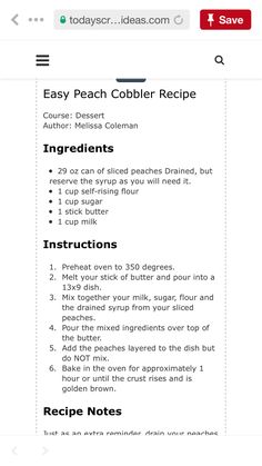 the recipe for peach cobbler is shown on an iphone screen, with instructions to make it