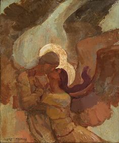 an abstract painting of two people embracing each other