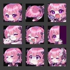 some anime character expressions with pink hair and purple eyes