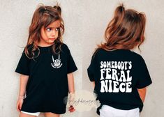 Somebodys Feral Niece, Funny Toddler Shirt, Last Nerve Shirt, Feral Aunt, Trendy Kid Shirt, Funny Youth Shirt, Kid T-shirt, Feral Child ✿ Keep your little ones on trend with our retro feral niece design.  Item will have the pocket size skull fingers on the front and the full size design on the back. No customization is allowed for this item 📋 HOW TO ORDER: 1. Select the size 2. Select the color 3. Select the quantity (✨NOT SOLD AS A SET ✨) 4. Add personalization if required 5. Add to Cart ("buy Moms Last Nerve, Halloween Shirts For Boys, Funny Toddler Shirt, Funny Toddler, Halloween Shirts Kids, Toddler Humor, Big Sister Shirt, Youth Shirt, Birthday Girl Shirt